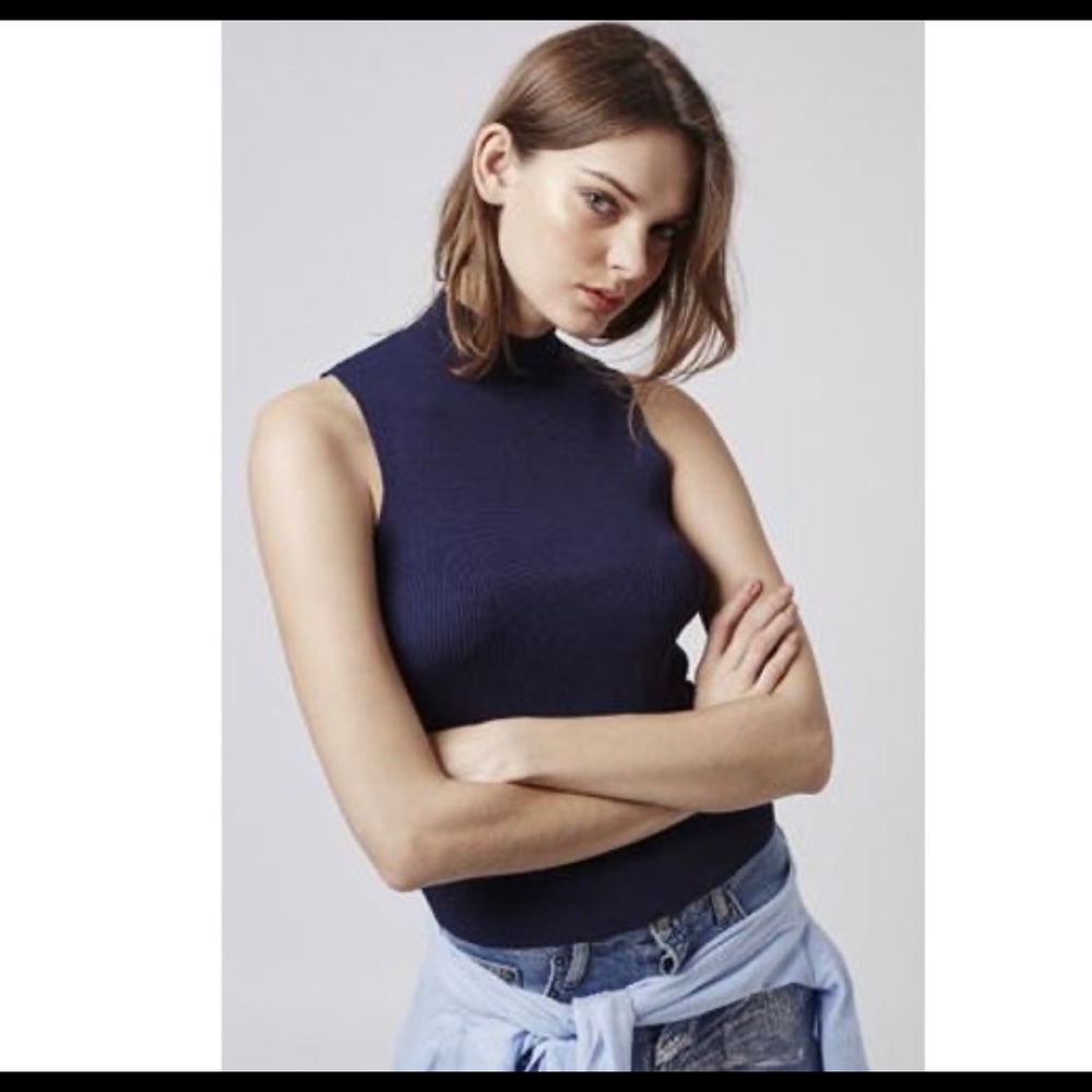 TOPSHOP  Navy Blue Ribbed Mock Neck Fitted Top